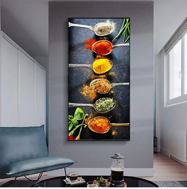 Kitchen Themed Wall Art Decor Vegetables and seasoning In Table Canvas  Paintings