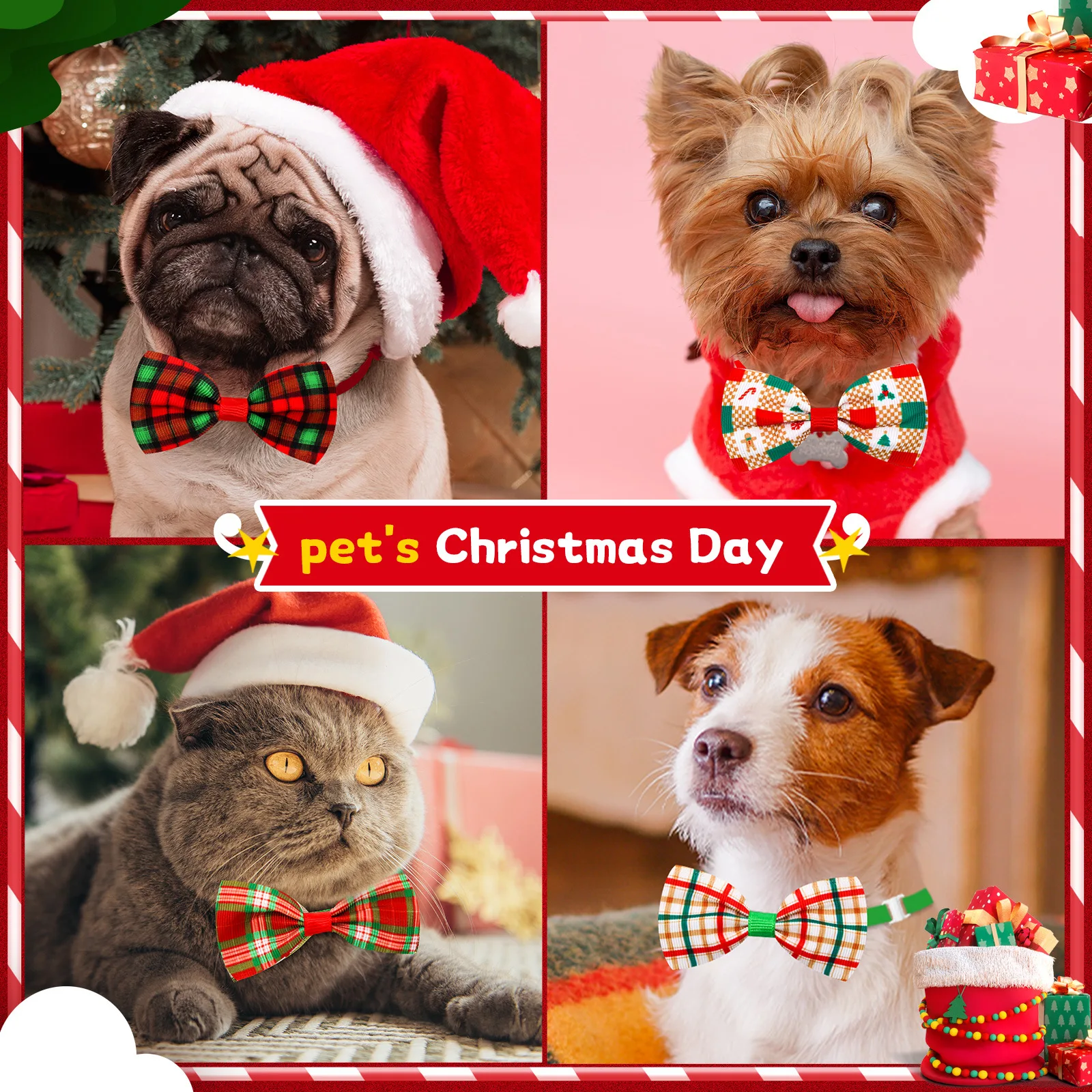 Classical Plaid Dog Bowties Adjustable Christmas Dog Collars Pet Supplies Dog Bow Ties Pet Grooming Accessories For Dogs