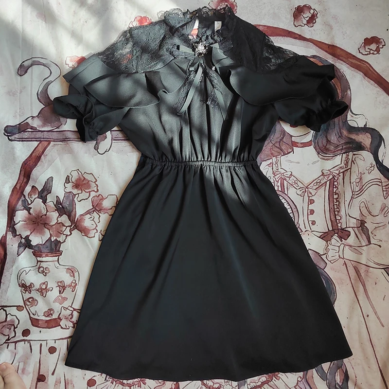 

Милое женское платье в японском стиле Лолита Y2K, элегантное черное милое повседневное офисное женское мини-платье с коротким рукавом, 2023