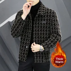 Top Quality Steetwear Lapel Plaid Print Jacket Ropa De Hombre Winter Men Wool Trench Coat Contrasting Colors Lattice Jacket