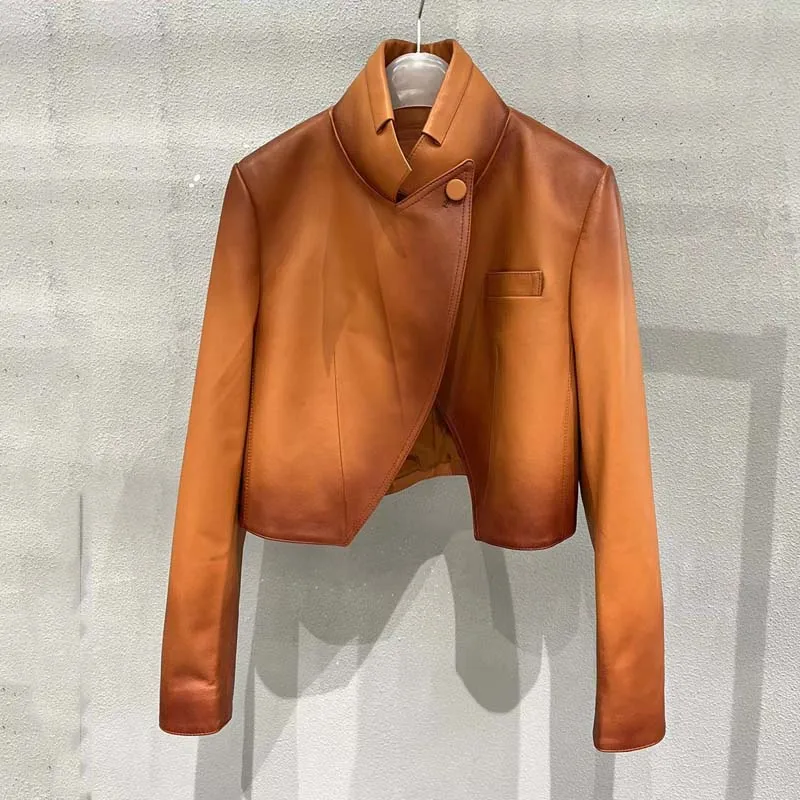 

Genuine Leather Jacket Short Length Single Button Women Coat Spring Import Real Sheepskin Long Sleeve New Fashion