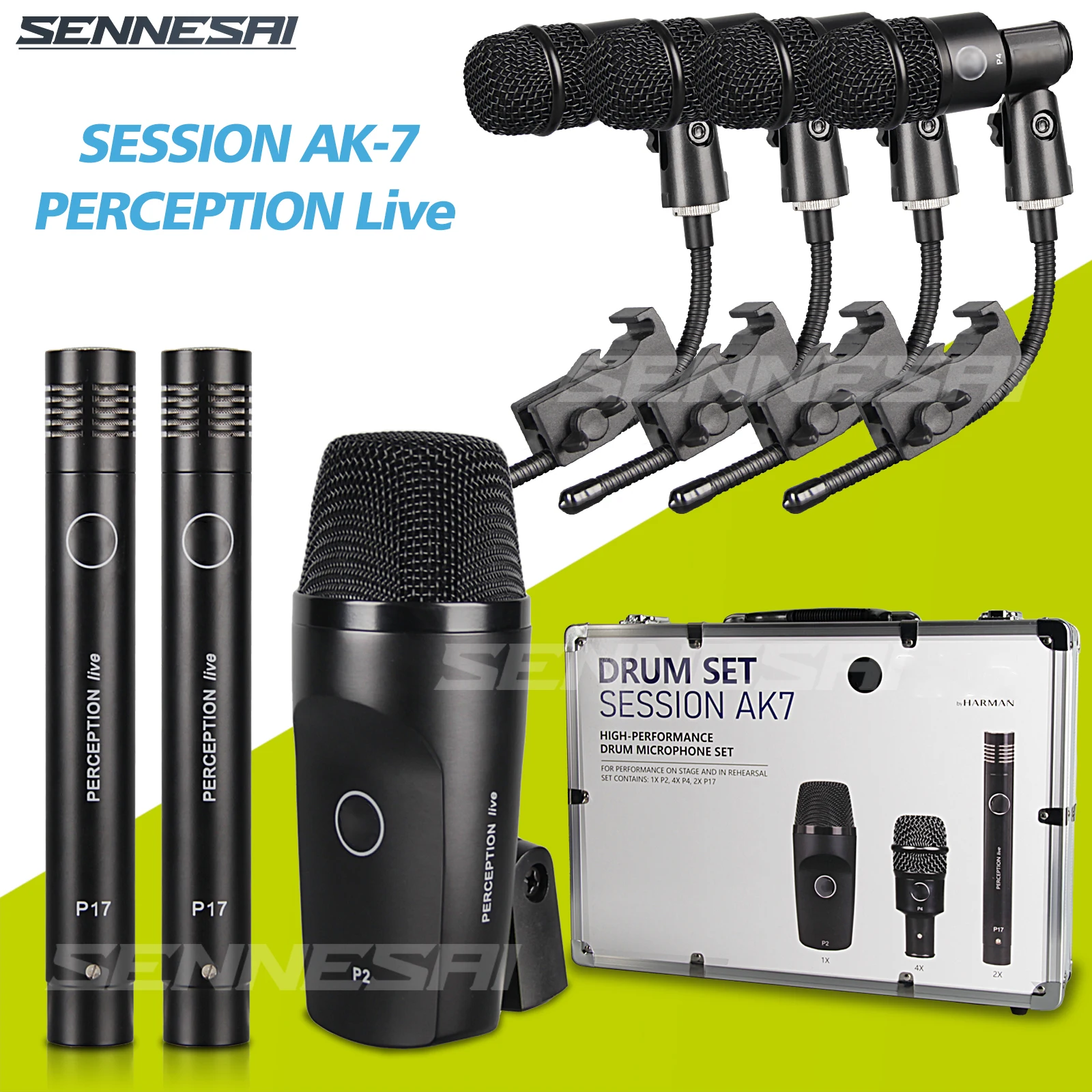 AK77PieceWiredDynamicDrumMicrophoneKickBassTomSnareCondenser