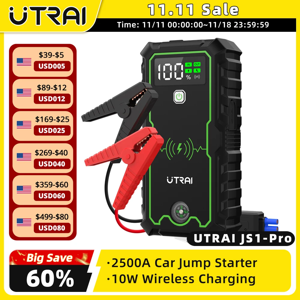Car Jump Starter UTRAI 2500A Car Battery Starters 16000mAh Portable Power Bank 10W Wireless Charging Propulsion Booster car jump starter,jump starter