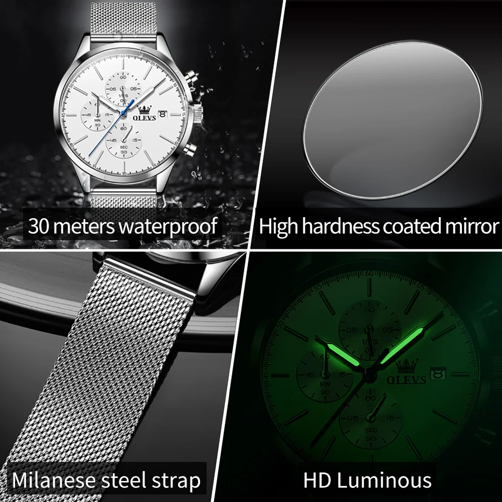 OLEVS 2881 Original Men's Watch Mesh Steel Strap Classic Small Dial Chronograph Calendar Wristwatch Luxury Quartz Watch for Man 3