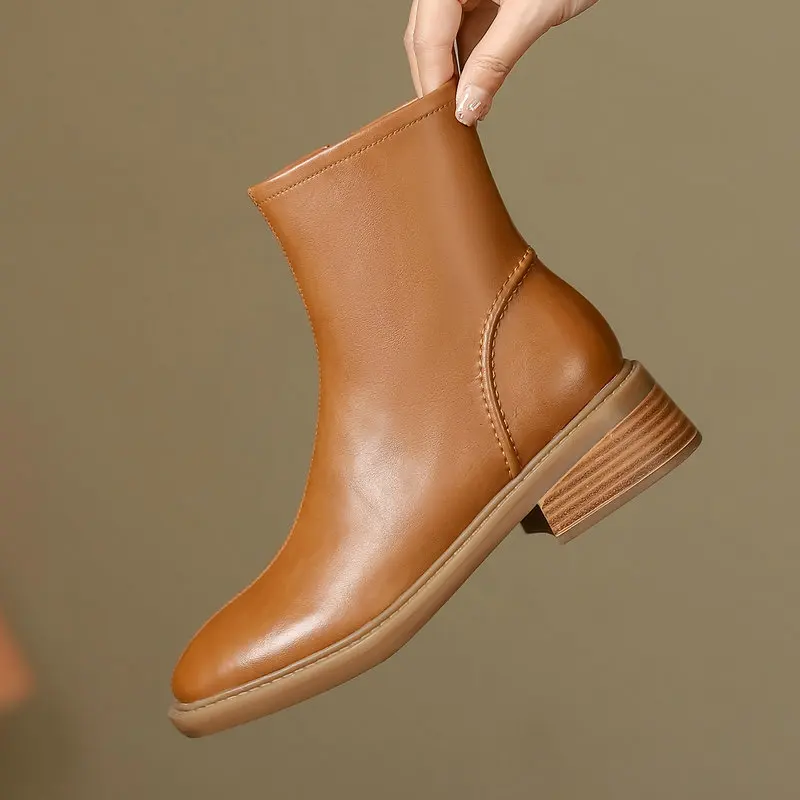

Genuine Leather Women Ankle Boots Med Heels Square Toe Ladies Basic Shoes 2023 New Autumn Winter Size 41 42 43