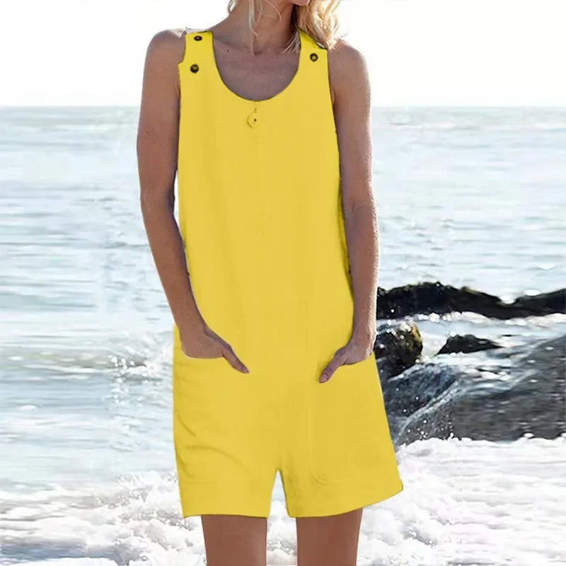 Women's Backless Loose High Waist Sleeveless Camisole Jumpsuits 2023 Summer Playsuit Romper Solid Color Short Jumpsuit Ladies