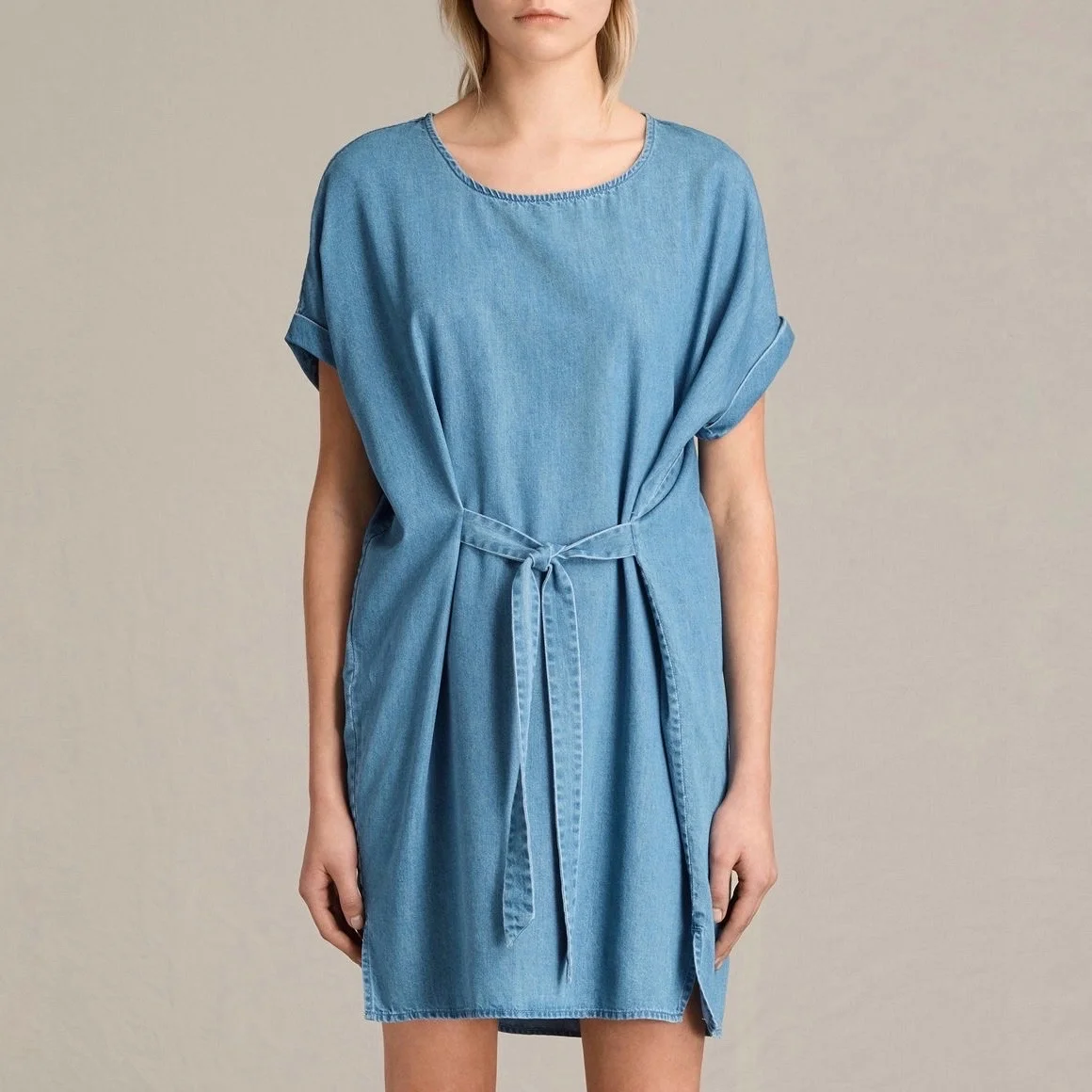 British As Sheep Head Tencel Cotton Clean Roll Sleeves Slim Waist Oversize Indaco Denim Dress