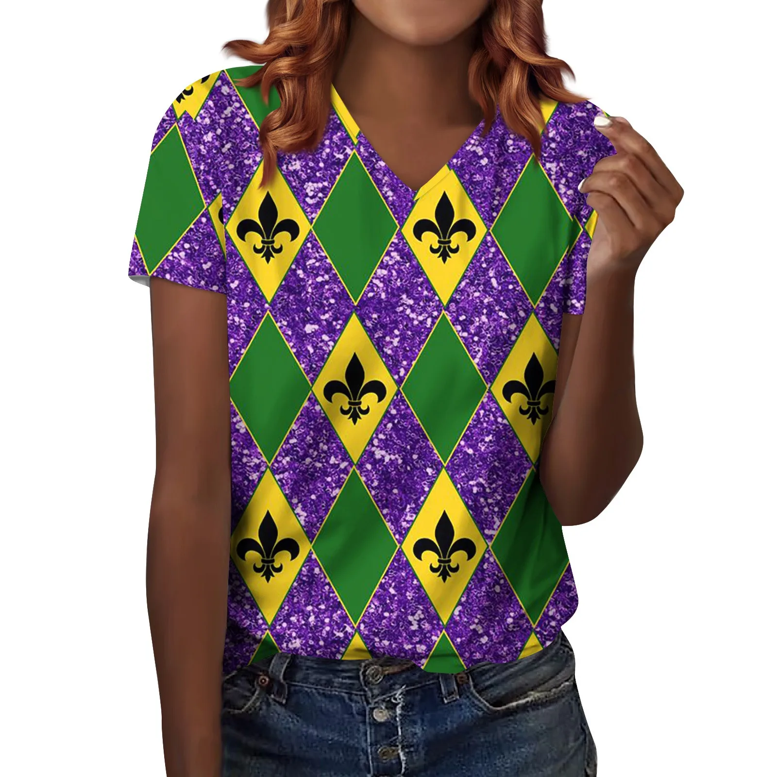 

Women's Short Sleeved Shirt V-Neck Fashion-Forward Carnival Printed Shirt Casual Top, Raglan Short Sleeved Top Minimalist