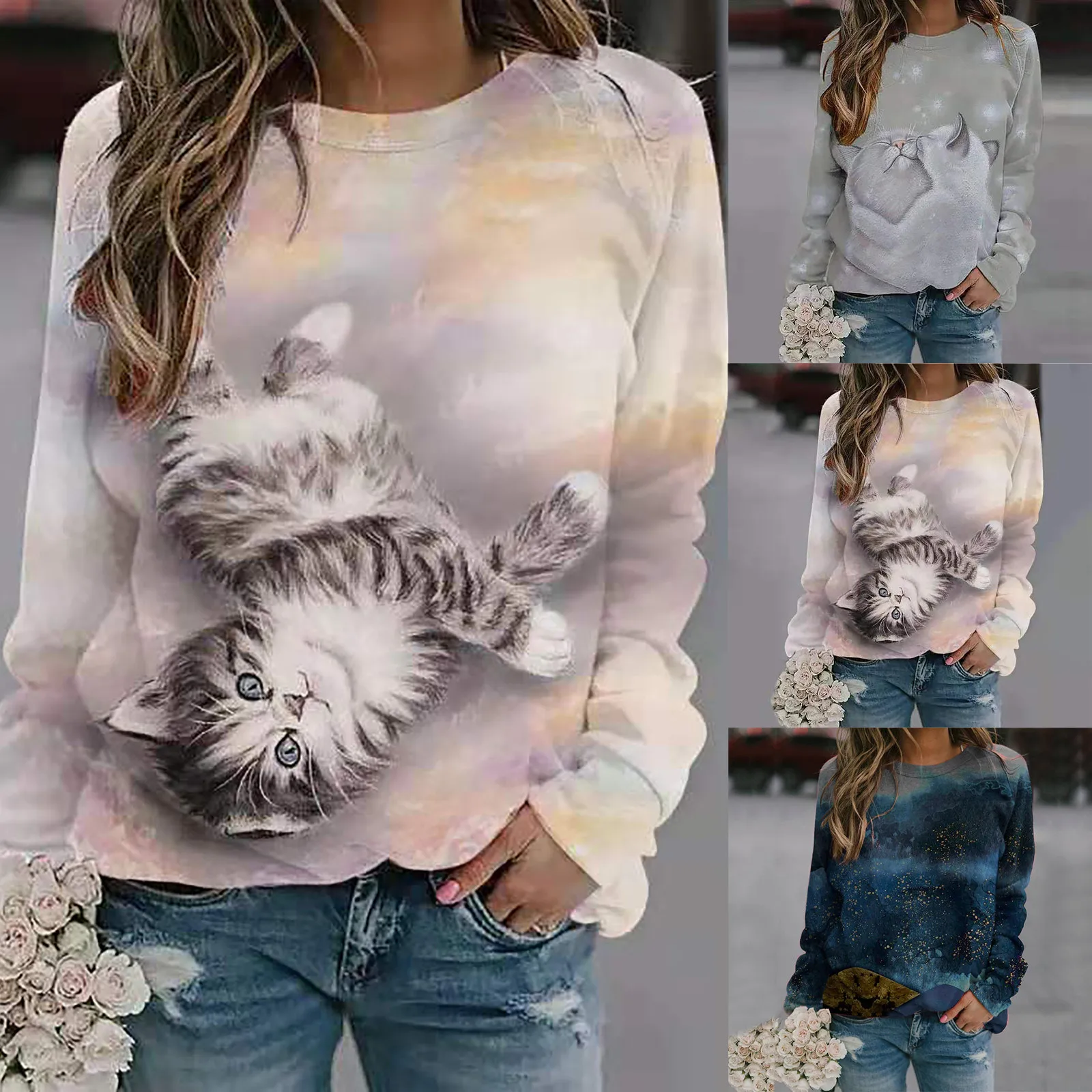 

Women Shirt Loose Women's Digital Positioning Printed Cat Raglan Sleeve Cotton Short Sleeve Shirt Tunic Long Sleeves for Women