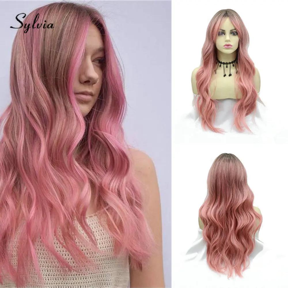 Sylvia Ombre Pink Synthetic Wigs for Women Natural Looking Long Wavy Wigs NONE Lace Front Pink Hair Heat Resistant Fiber 24 inch