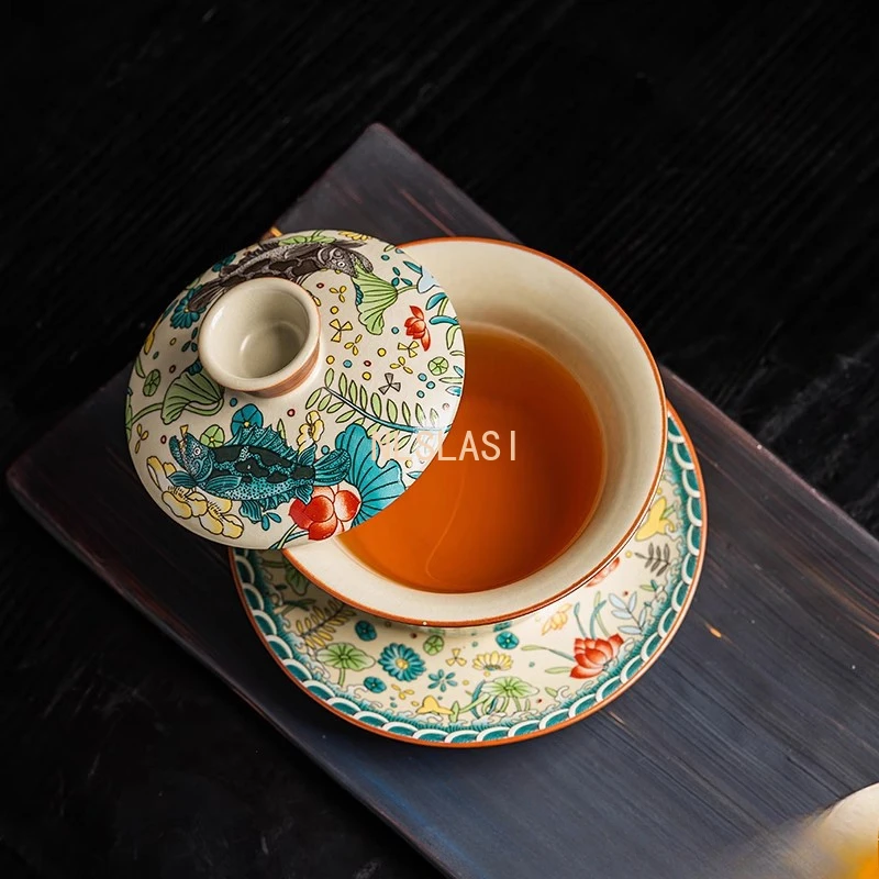 1 pcs Ru kiln opened tea cup Hovering heat-resistant household ceramic lid bowl Tea cup Rotating tea bowl with lid 170ml