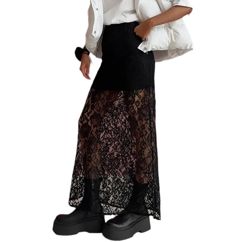 

Elegant Black Lace Perspective Skirt with High Waist Design and Loose Fit