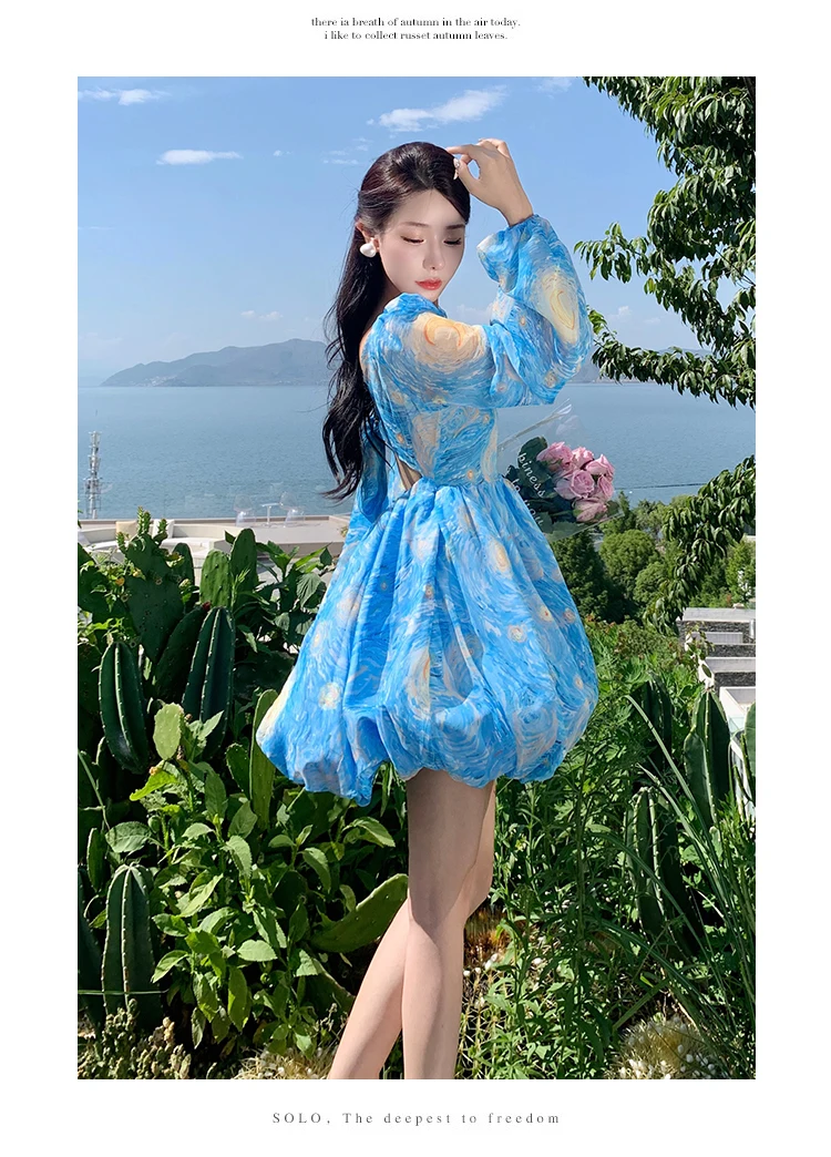 Elegant Printed Short Dresses for Women Backless Holiday Beach Style Lantern Sleeves A-line Floral Mini One Piece Vestido Mujer