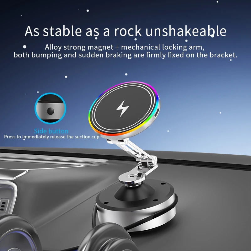 Vacuum Suction Cup & Magnetic Phone Holder & 15W Wireless Charger for Magsafe iPhone 17~12 360° Rotation Foldable Fast Charging