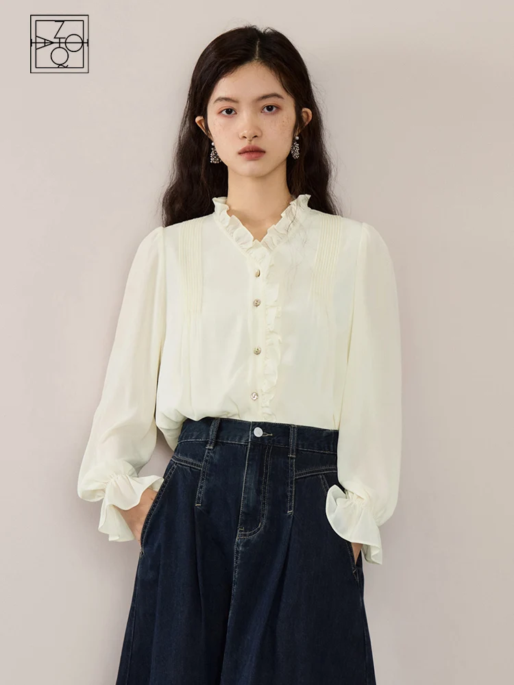 ZIQIAO French Style Commuting Wood Ear Chiffon White Shirt for Women Autumn New High-end Elegant V-neck Simple Top Shirt Female vintage round wood waist belt summer colorful female belt woven belt without needle buckle all match wide belts for women hot