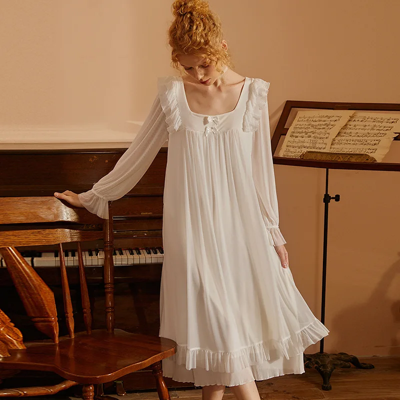 

Ночная рубашка в ретро-стиле с оборками, милая винтажная сорочка с длинным рукавом и квадратным вырезом, пикантная длинная однотонная пеньюар