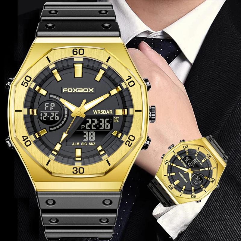 LIGE Luxury Original Big Men Sports Wrist Watch Gold Quartz 50M Waterproof Dual Display Clock Watches For Men Relogio Masculino