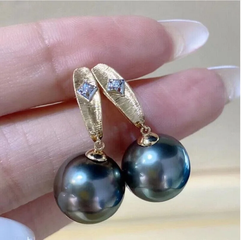 

Large quantity of AAAAA 10-9mm circular natural South China Sea black pearl earrings 925S