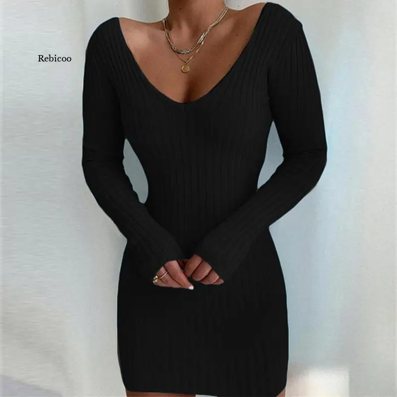 

Autumn New Women Elegant Solid Bodycon Pullover Dress 2022 Spring Sexy Deep V Neck Rib Knitted Dress Casual Office Ladies Dress