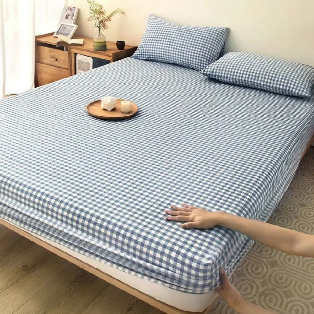 All Inclusive Single Plaid Mattress Cover Non Slip Skin-friendly Mattress Protector Rustic Style Elastic Band Bed Cover Bedroom