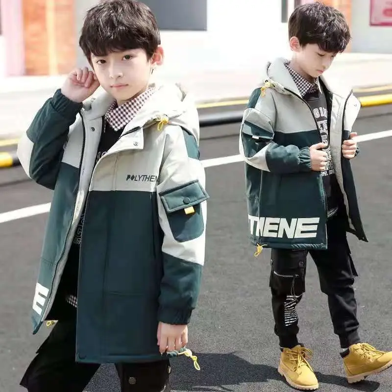 Boys Autumn Windbreaker Spring Jacket Children's Mid-length Casual Handsome Patchwork Hood Outerwear Fall Clothes for Kids Coat