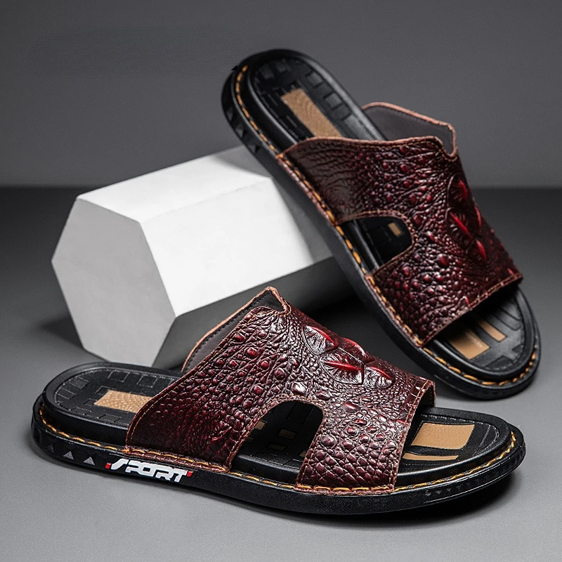 WEH Business Leather Men Slippers High Quality Sandals Crocodile Grain