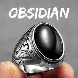 Vintage Black Turquoise Carved Stainless Steel Ring - Punk Rock Luxury Fashion Jewelry Accessory - 8 (R1214 - Obsidian)