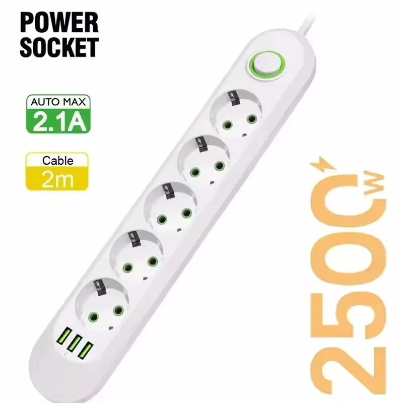 High-Power EU Plug Power Strip with USB Ports & 2m Extension Cord