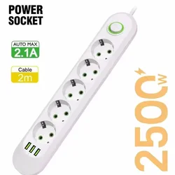 High - Power EU Plug Power Strip with USB Ports & 2m Extension Cord (5 AC White)