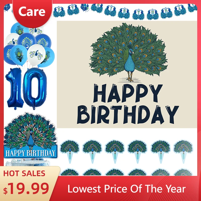 Grace Blue Peacock Birds Animals Birthday Party Decoration Supplie Cake Decoration Banner Numbers Balloon Background Baby Shower