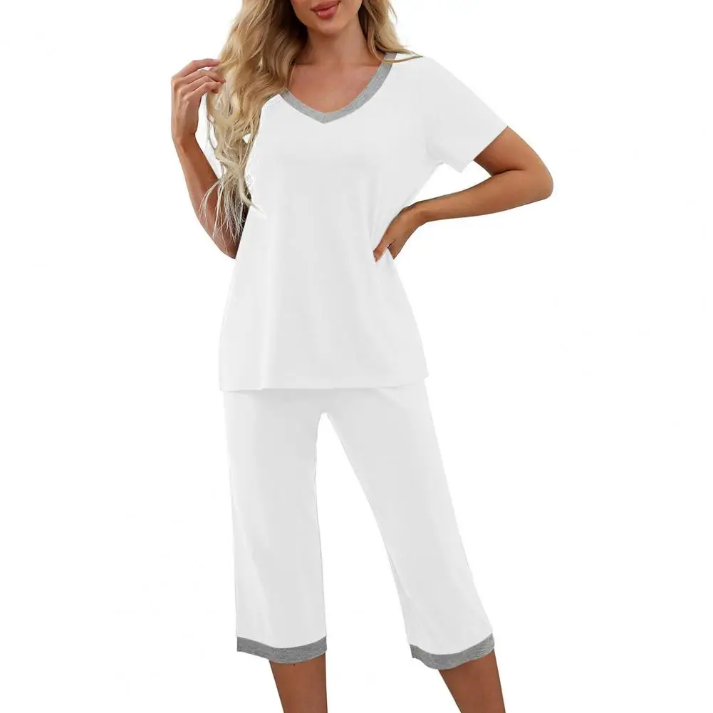 

Women Pajama Set Summer Night Pajamas Set with V Neck Contrast Color Short Sleeve Loose Homewear Elastic Waist Cropped Pants 2