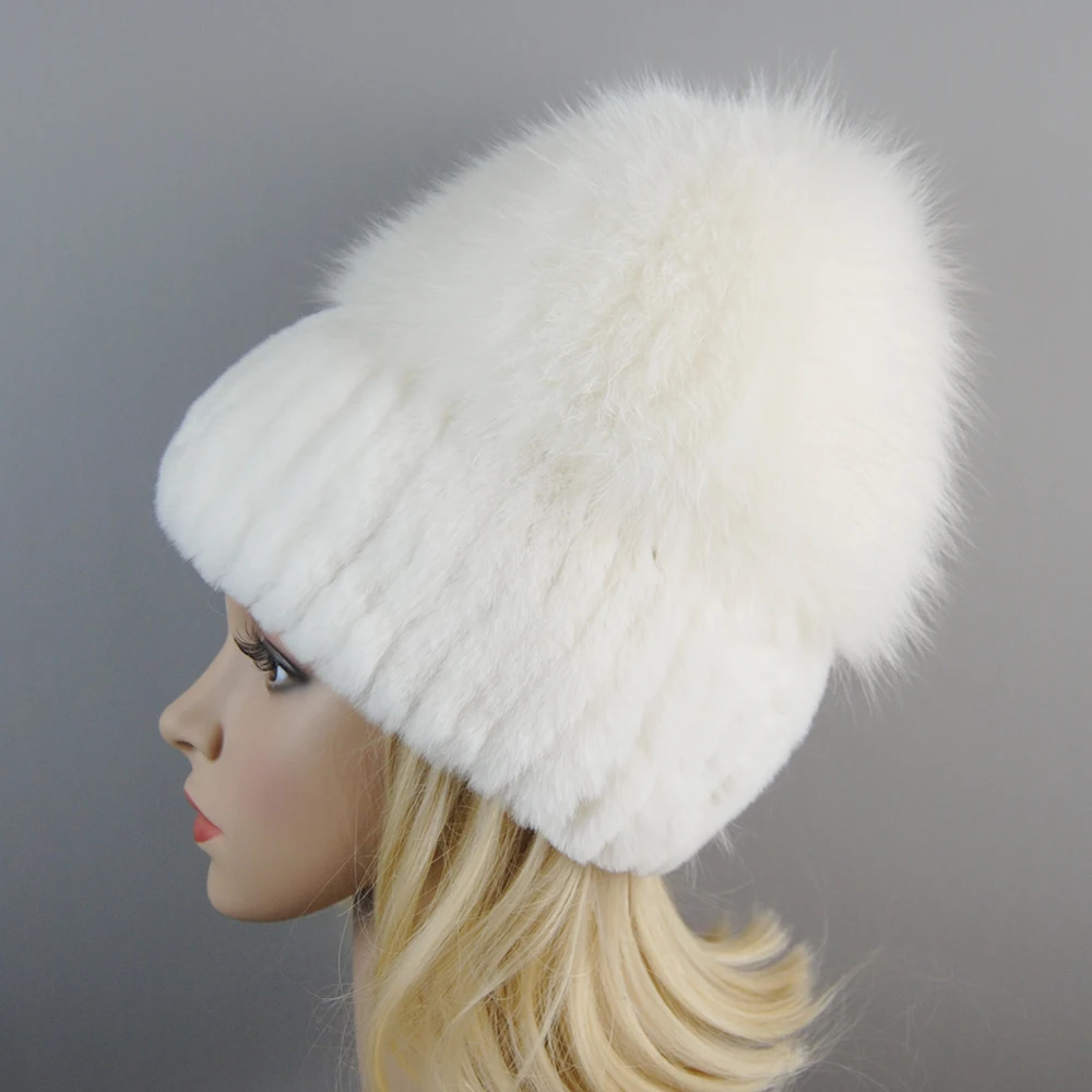 Women Winter Real Rex Rabbit Fur Hat Knitted Natural Fox Cap Beanies