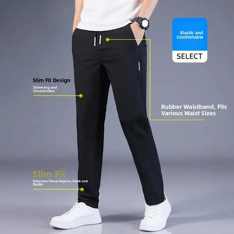 Ultra-Thin Ice Silk Men's Casual Pants Loose Breathable Straight Leg Summer Qui Dry Elastic Waist Pants Youth Faion