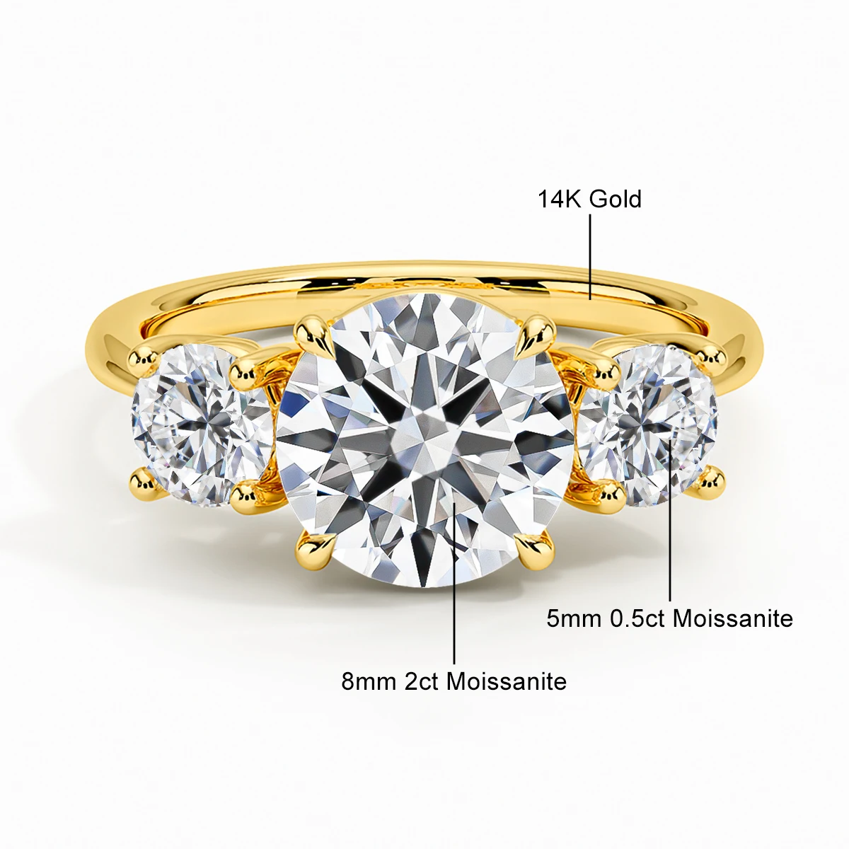 Round 3 Stone Moissanite Ring 3ct Engagement Minimalist Style Wedding Woman Real 14K Gold Hollow Ring 6