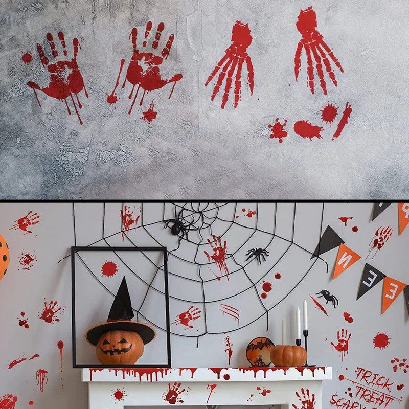 10 Models Bloody Halloween Decorations Window Stickers Horror Decals Bloody Handprint For Halloween Party Decorations