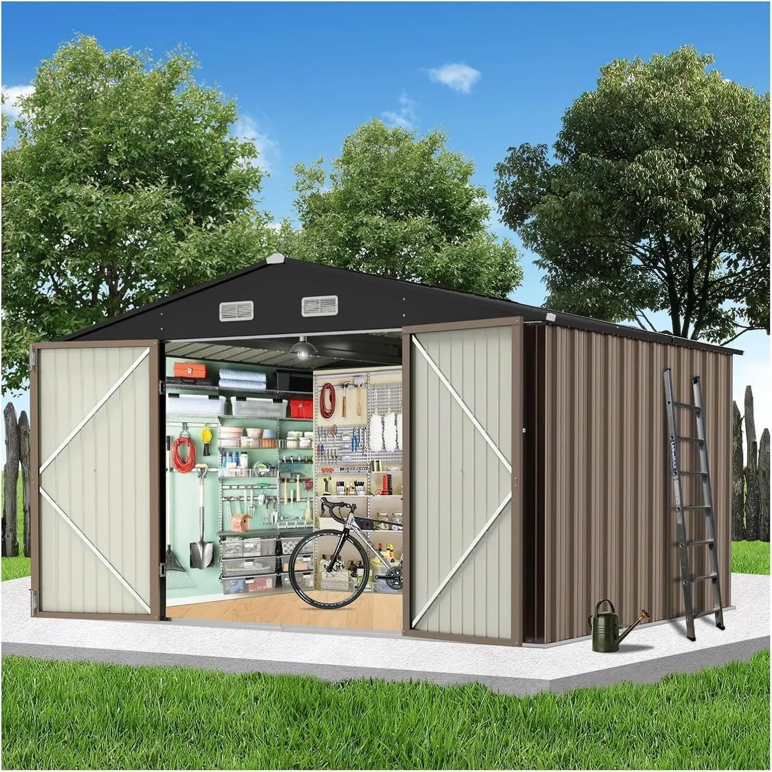 8x8 FT Metal Outdoor Storage Shed, Steel Utility Tool Shed Storage ...