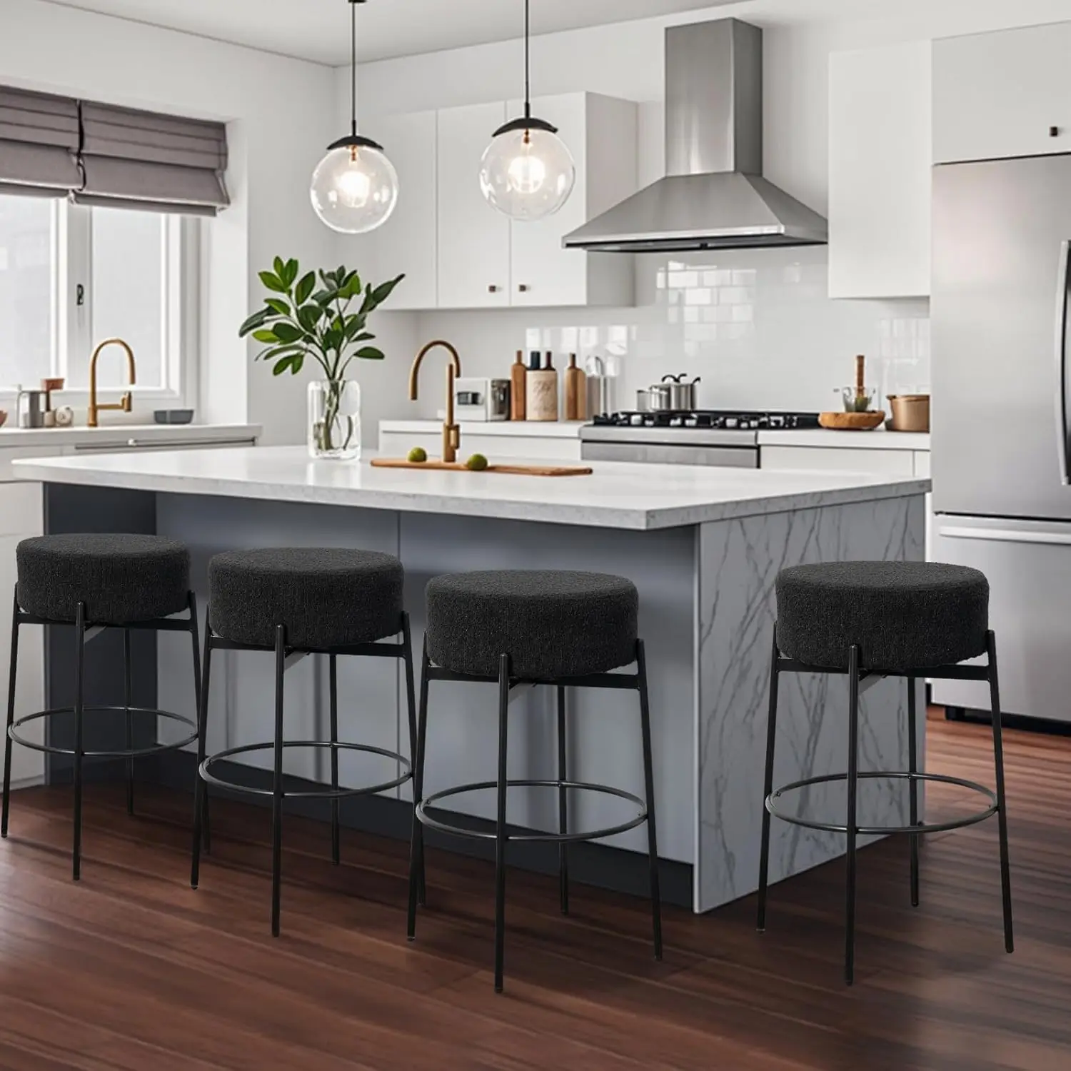 Modern Bar Stools Set of 2, 30" Sherpa Counter Height Stools with Round Soft Padded Boucle Backless Seat