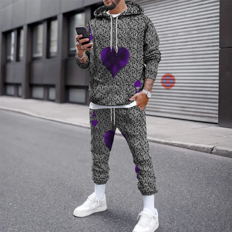 Autumn Winter Men's Hoodies Long Sleeve Trousers Suits Poker 3D Printed Sweatshirt Men Tracksuit 2 Piece Set Pocket Streetwear