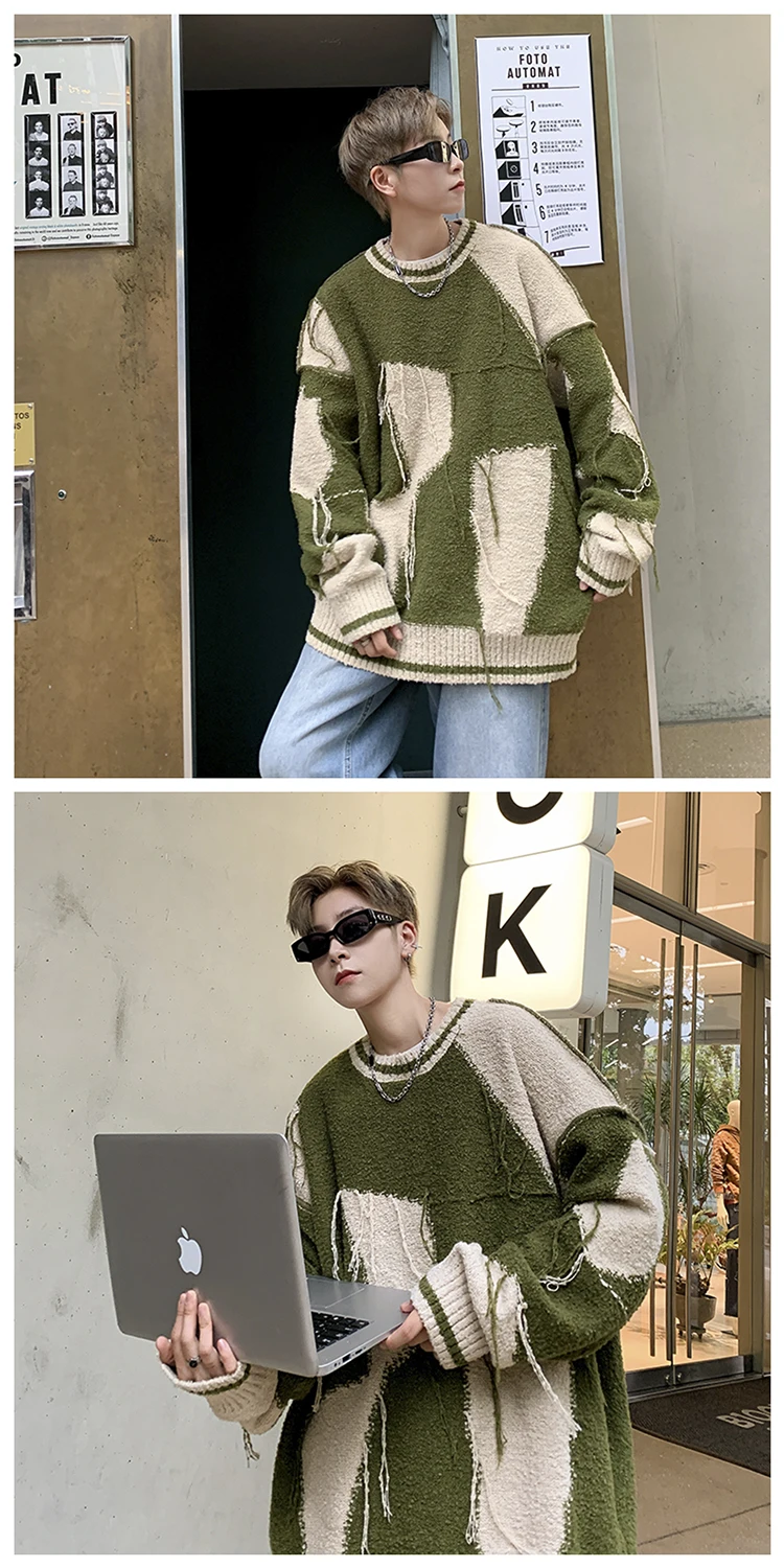 Description Picture 2 of item2024 Men Autumn Winter New Oversize Loose Pullover Top Male Casual Knitted Jumpers Mens Streetwear Patchwork Sweater Tops S179