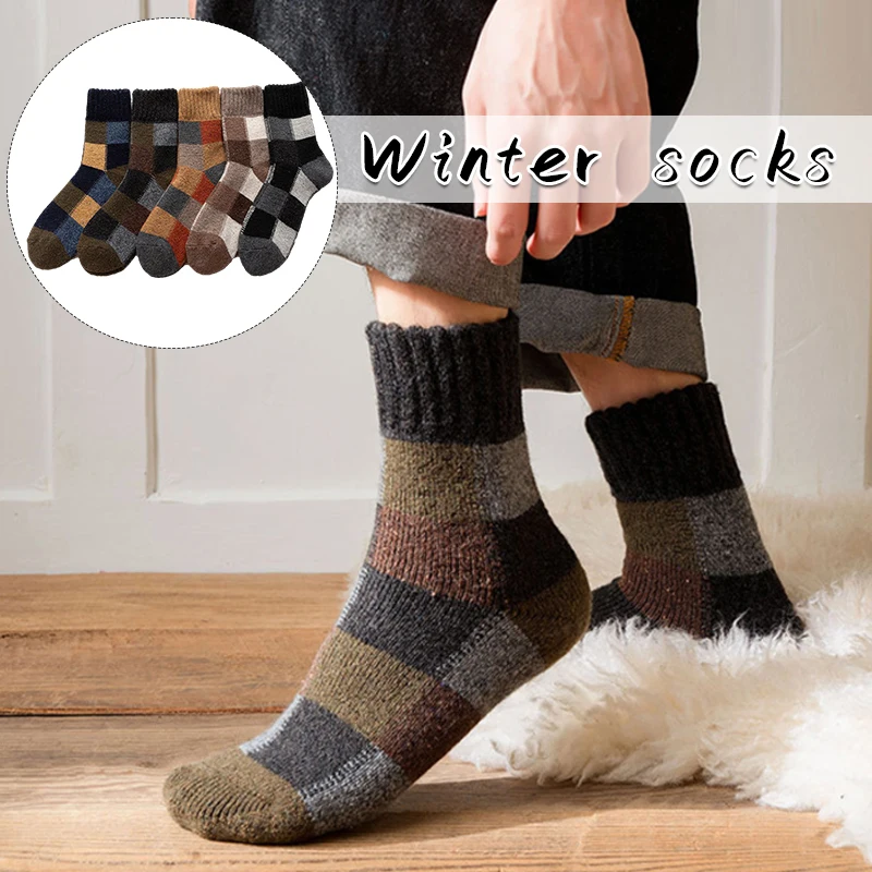 5Pairs Classic Plaid Printed Warm Sheep's Wool Middle Sock Winter Men Women Socks Thicken Color Korean Retro Sock for Snow Boots