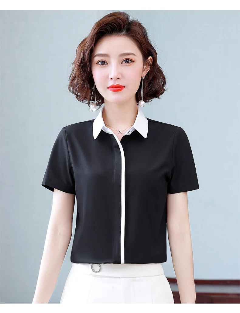 Summer New Women'S Short Sleeved Patchwork Temperament Chiffon Shirt Korean Fashionable Versatile Lapel Professional Top Female