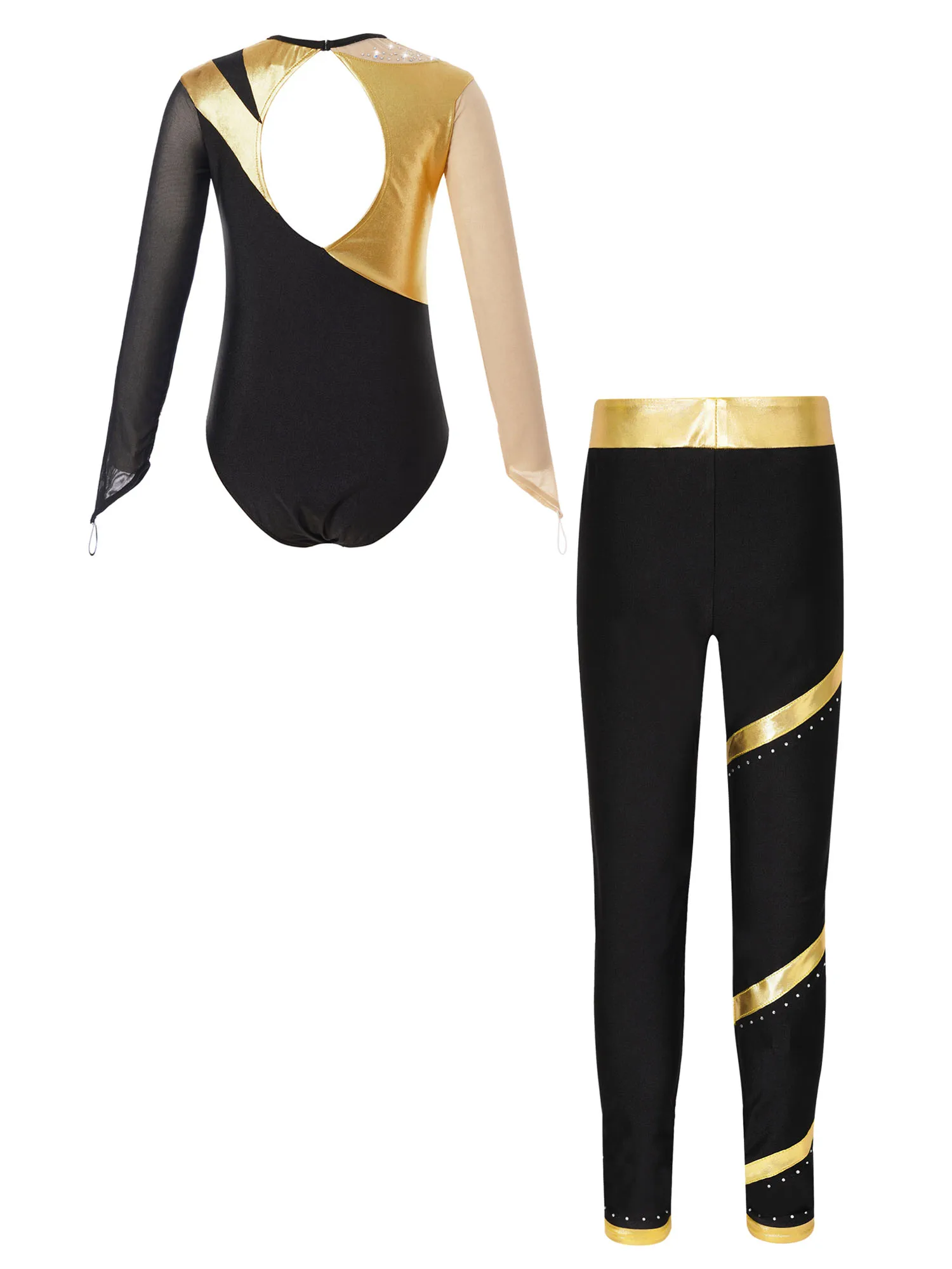 Kids Girls Shiny Rhinestones Gymnastics Outfits Long Sleeve Leotard Bodysuit with Long Leggings Pants for Skating Performance