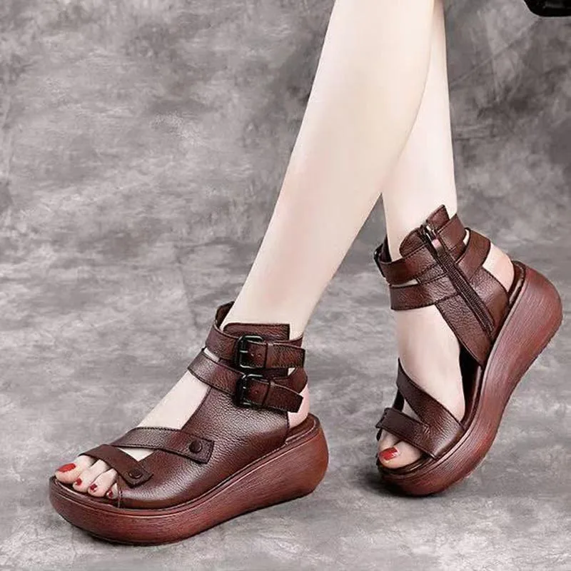 

Sandal Musim Panas Wanita Sepatu Wedges Hak Sedang Sepatu Kulit Antik Wanita Ukuran Besar 40 Sepatu Mode Sandalias Mujer Sapato