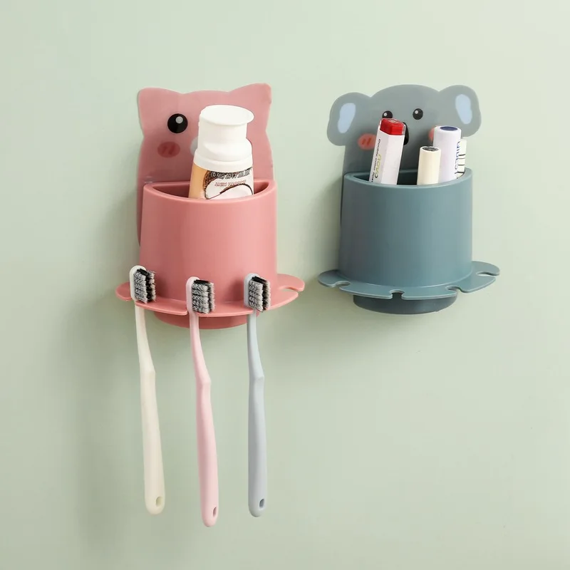 Cute Storage Box Suction Cup Bear Shaped Toothbrush Holder Cup Organizer  Toothpaste Rack Razor Stand PINK 