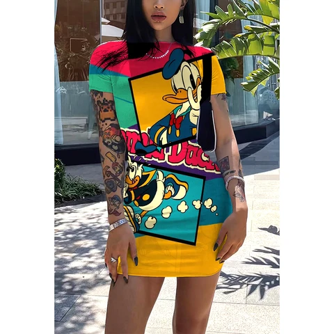 Y2K Disney Donald Duck Tie Dye Print Short Sleeve Tight Comfortable Mini Skirt Summer Fashion Casual Hot Girl Bag Hip Skirt Hot