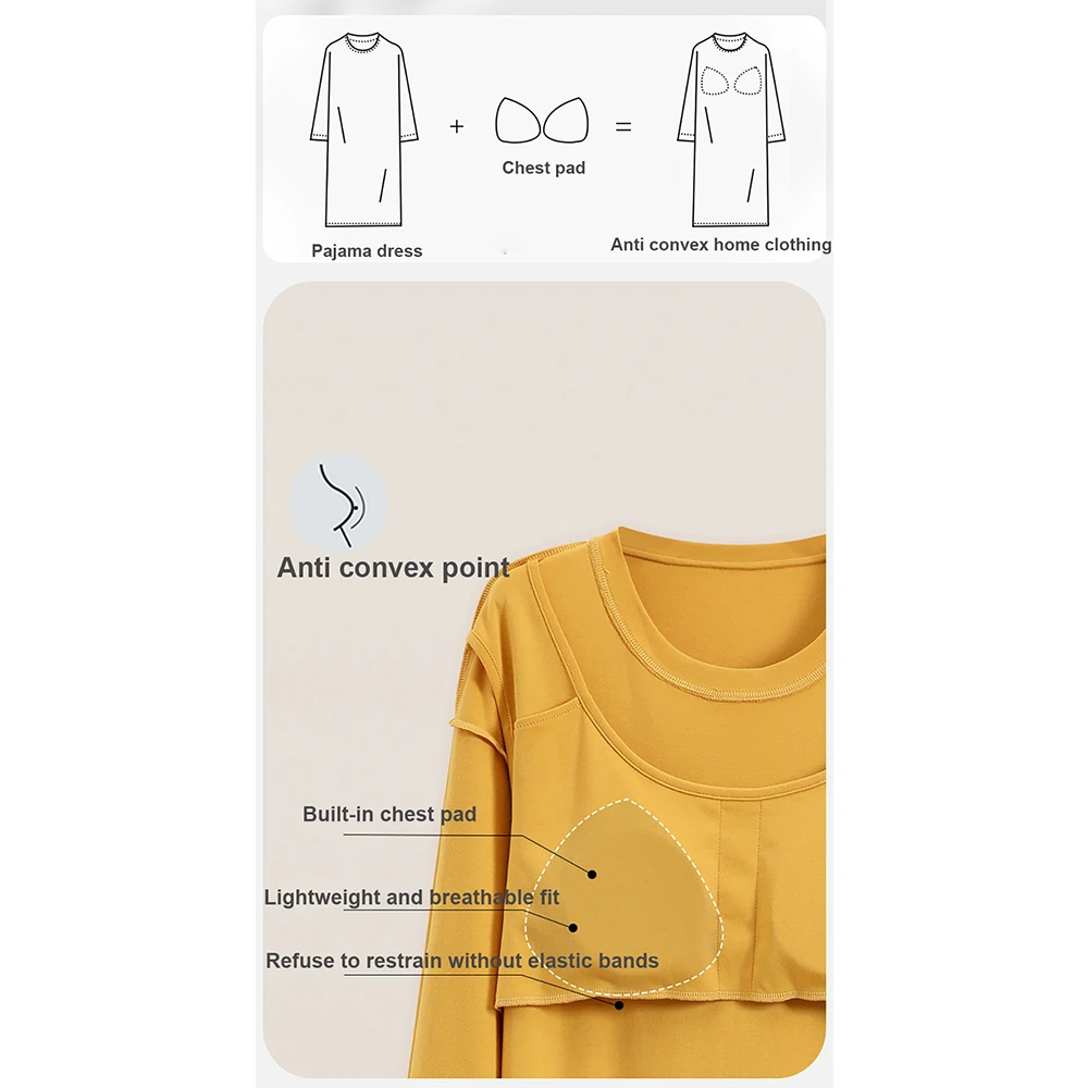 100% Cotton Padded Anti Convex Point Pajamas Dress Simple Lovely Longan Print Sleepwear Spring Autumn Women Loose Night Dress