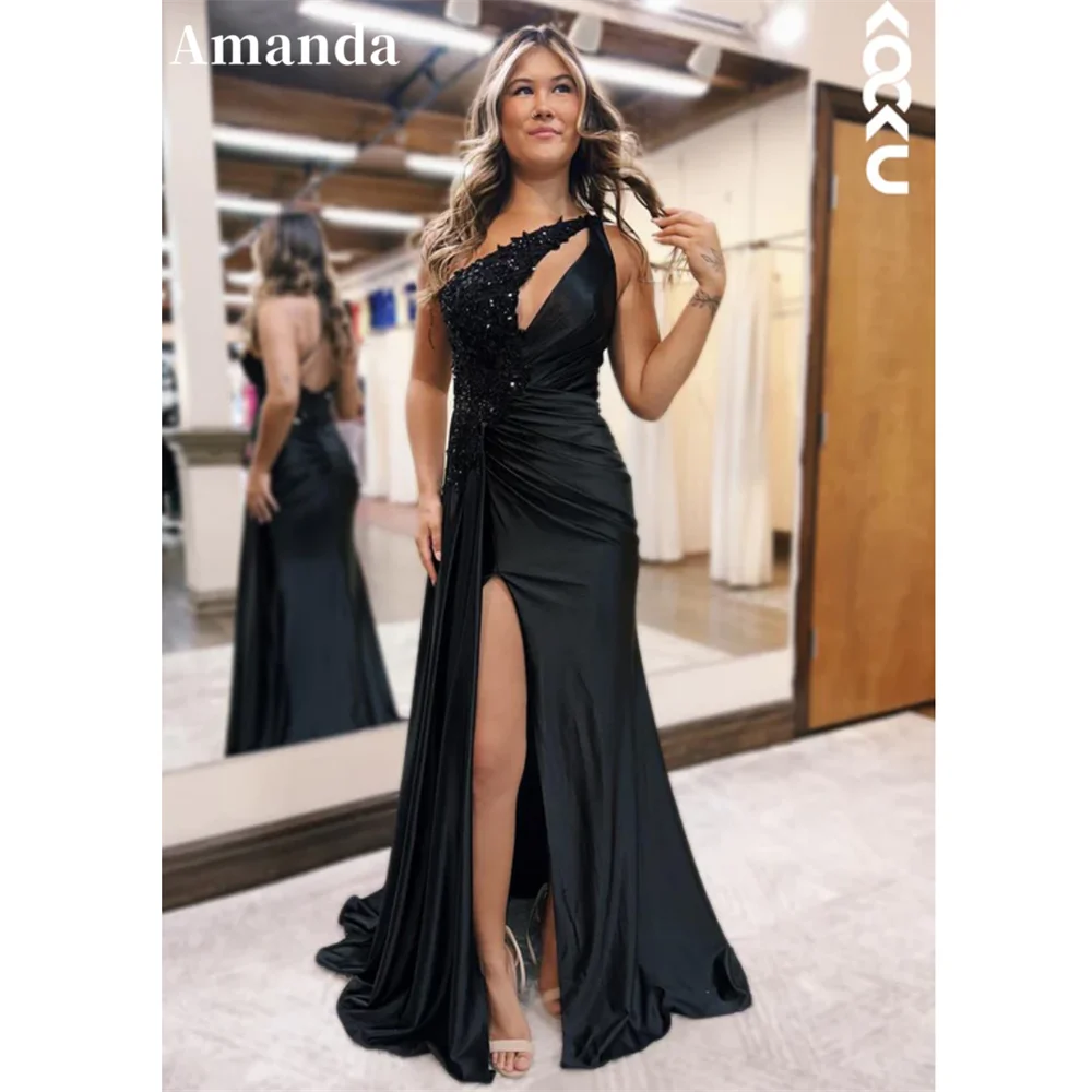 

Amanda Black Mermaid Prom Dresses One Shoulder Satin vestidos de fiesta Graceful Sleeveless Side High Split Backless Party Dress