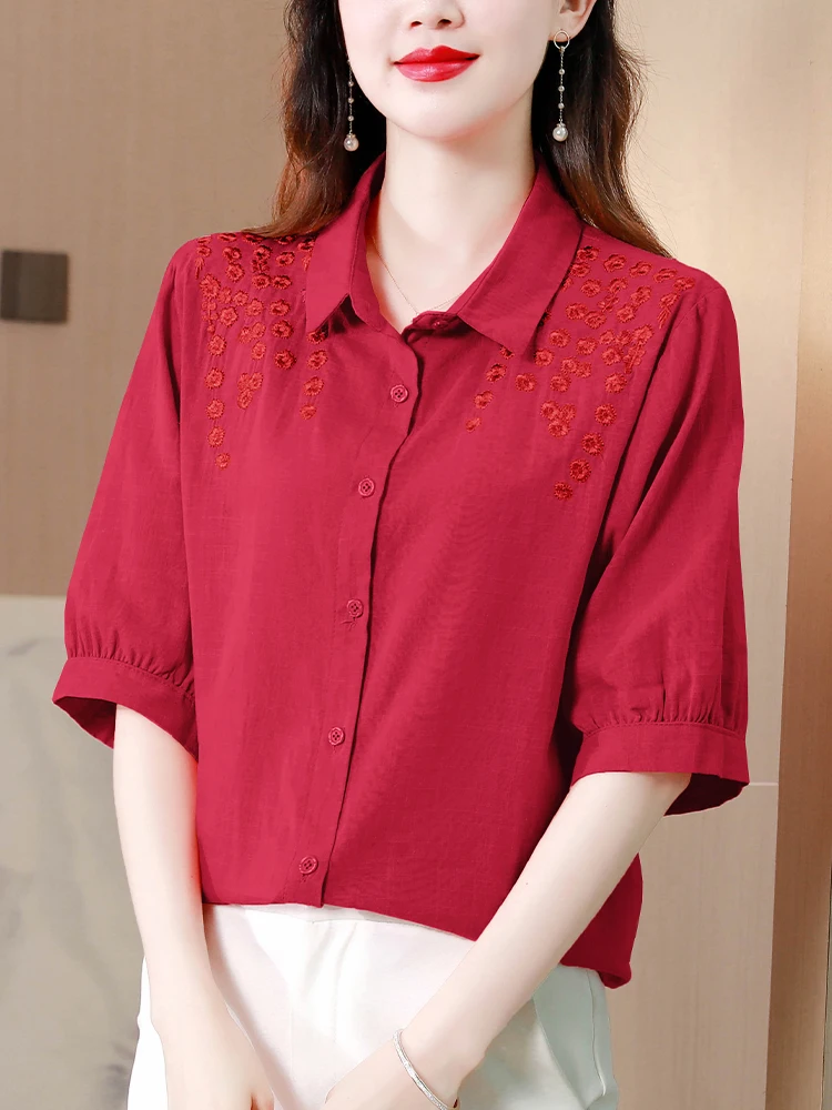 

BETHQUENOY Fashion Embroidery Faux Linen Cotton T-Shirt Women Clothes 2023 Camiseta Mujer Lapel Button Up Casual Tshirts Femme