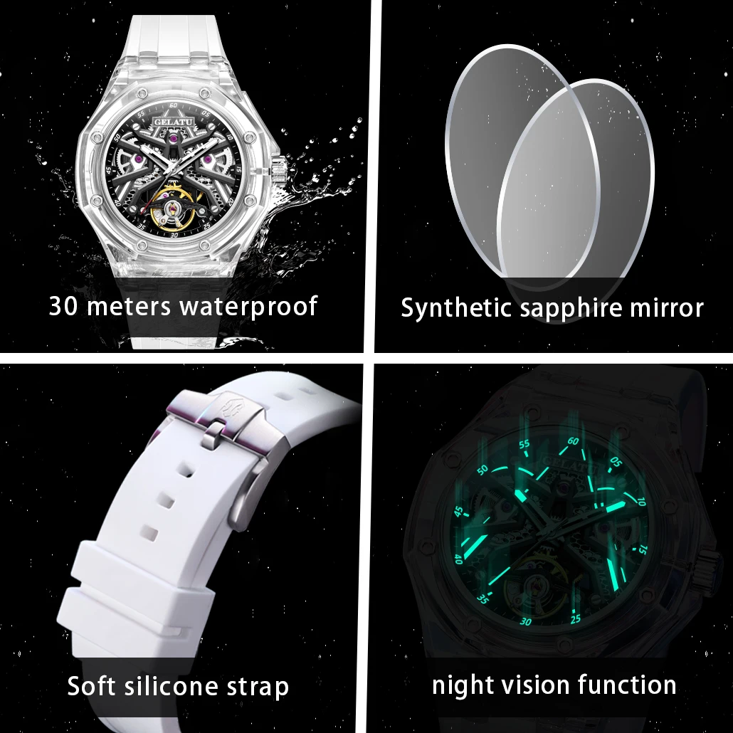GELATU 8002 Man's Watch Transparent Case Hollow Mechanical Watch For Men Waterproof Automatic Wristwatch Male Silicone Strap