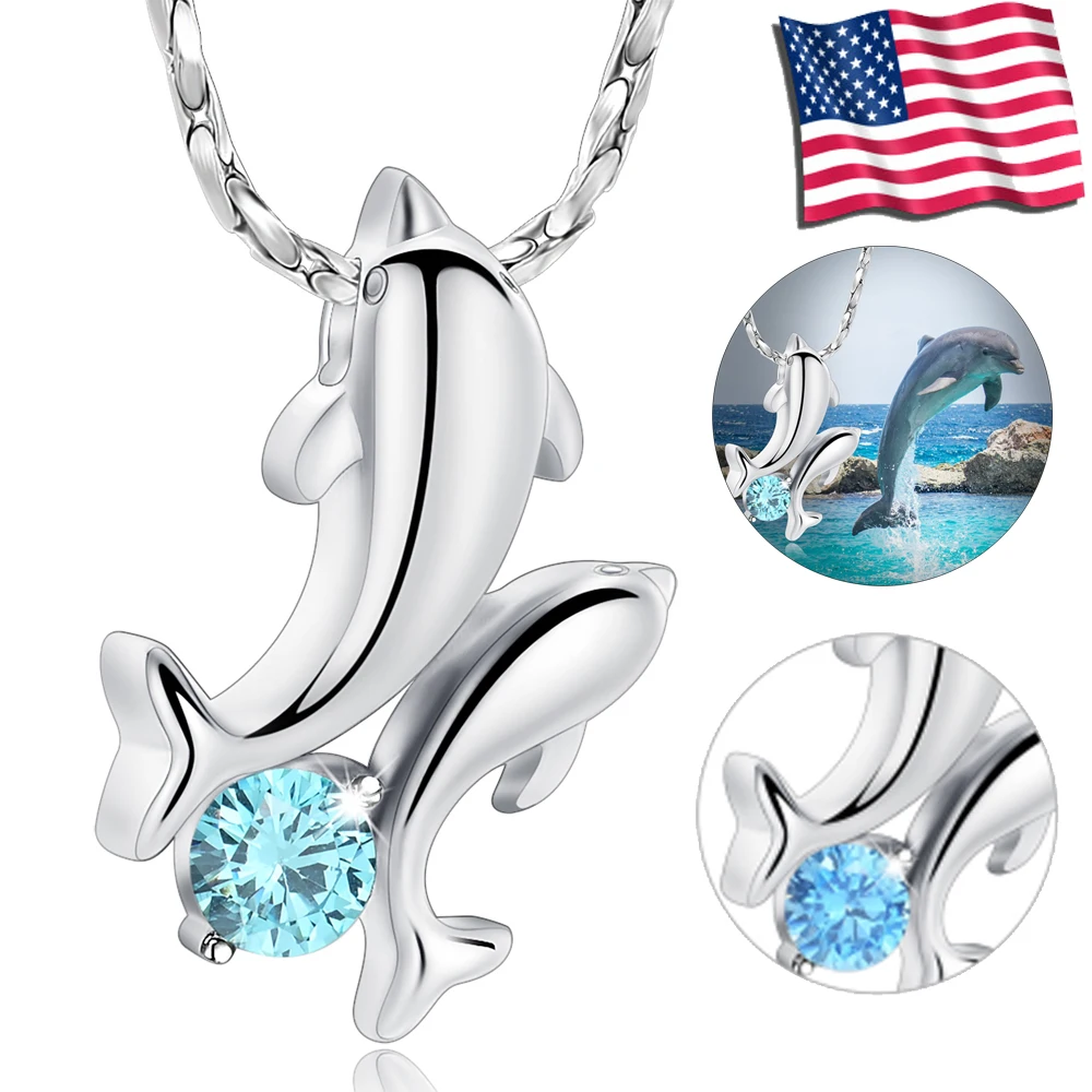 

Urn Necklace Double Elegant Dolphin Pendant With Crystal Dog Human Ashes Holder Gift To Lover Girl Stainless Steel Keepsake